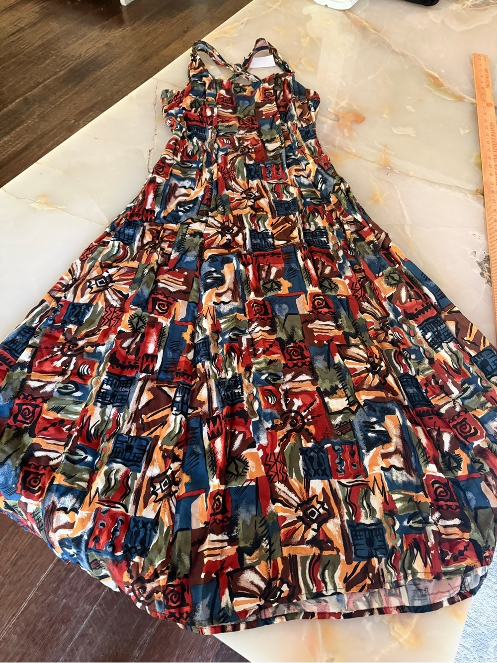 Vintage 90s Multicolor Abstract Maxi Dress in Rust, Navy & Cream